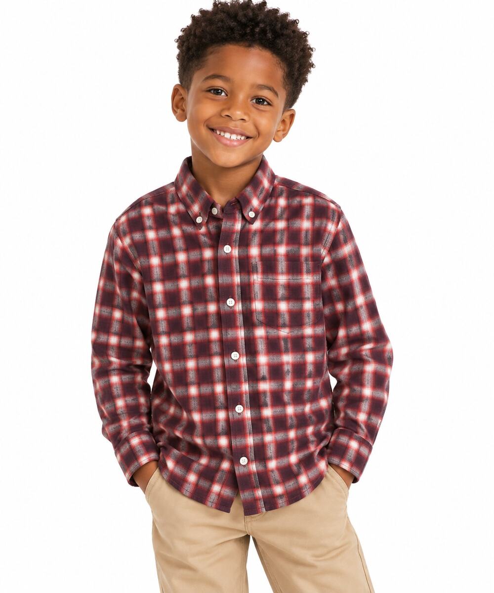 Old Navy Boys Red Navy Plaid Long Sleeve Button-Up Shirt Size 6/7 EUC